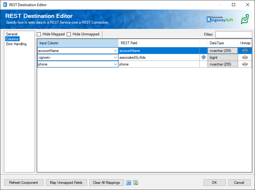 SSIS Zoho Desk Destination Component - Columns